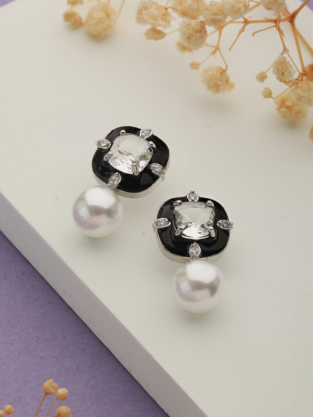 Silver Toned AD  Blue Enamelled  & Beaded Minimal Earring